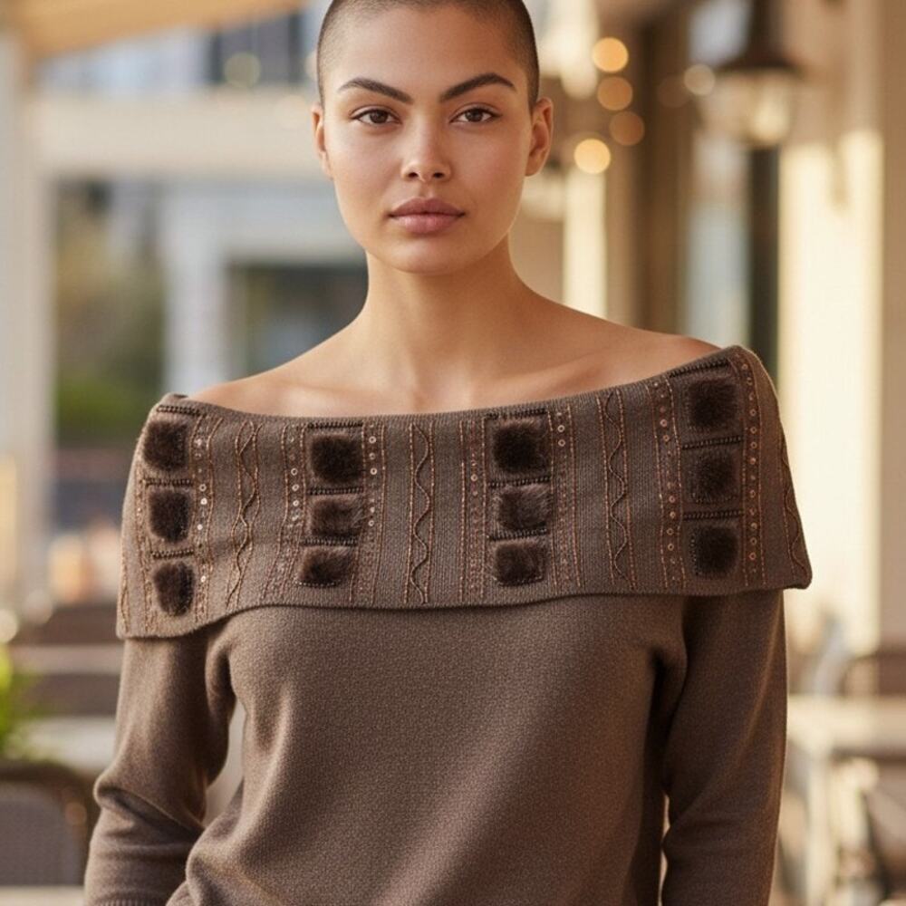 Escada Vintage Brown Faux Mink Knit Sweater Sz 8/10 Beaded Sequin Cowl Neck